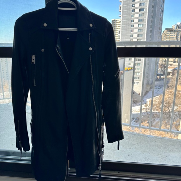 AllSaints Asker black Leather biker jacket trench leather jacket size 0 - Picture 11 of 14